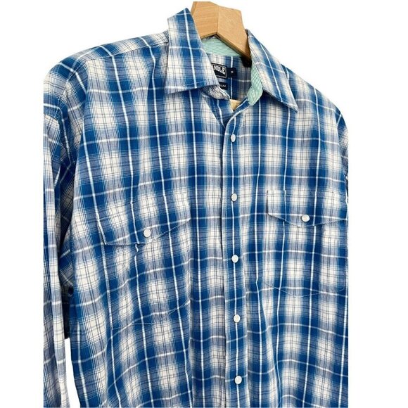 Panhandle Slim Mens Sz M Blue White Plaid Western Pearl Snap Cowboy Shirt - Picture 2 of 7